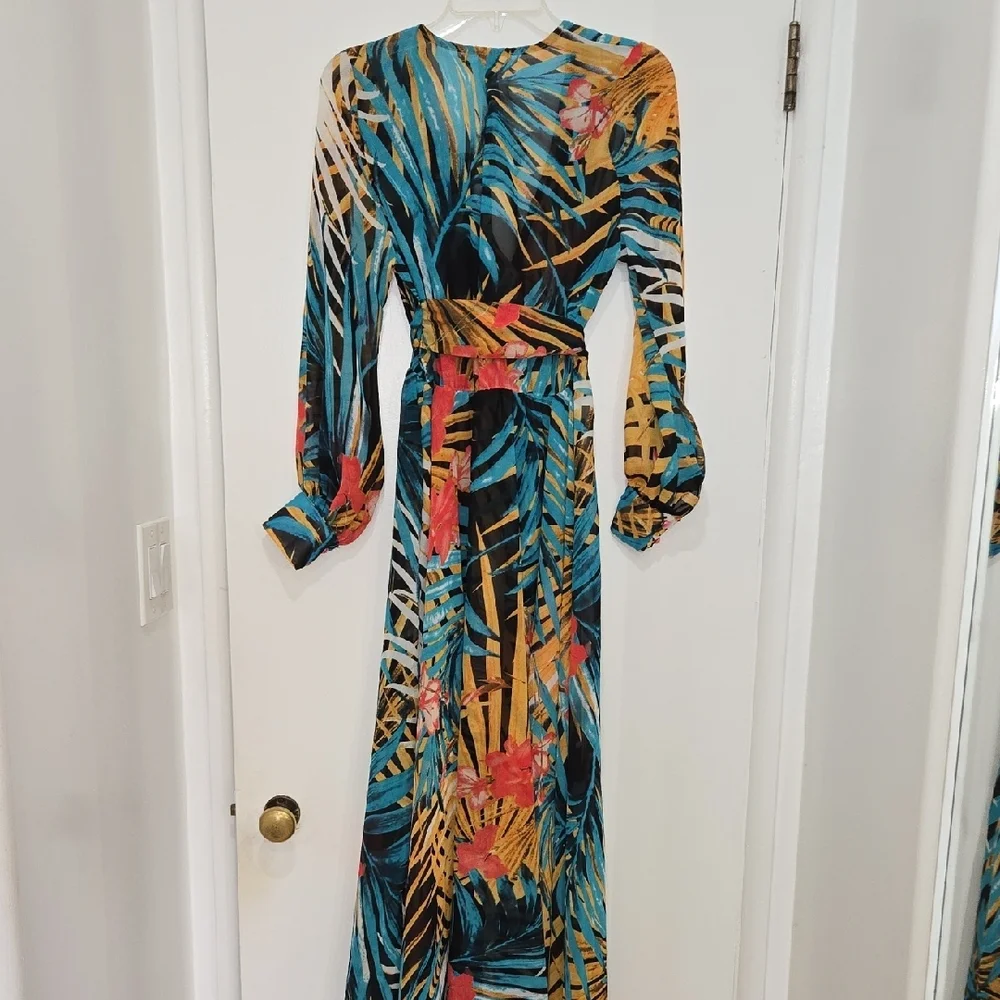 Vibrant Long Sleeve Tropical Sheer Plunging Neck Maxi Dress - Picture 6 of 6